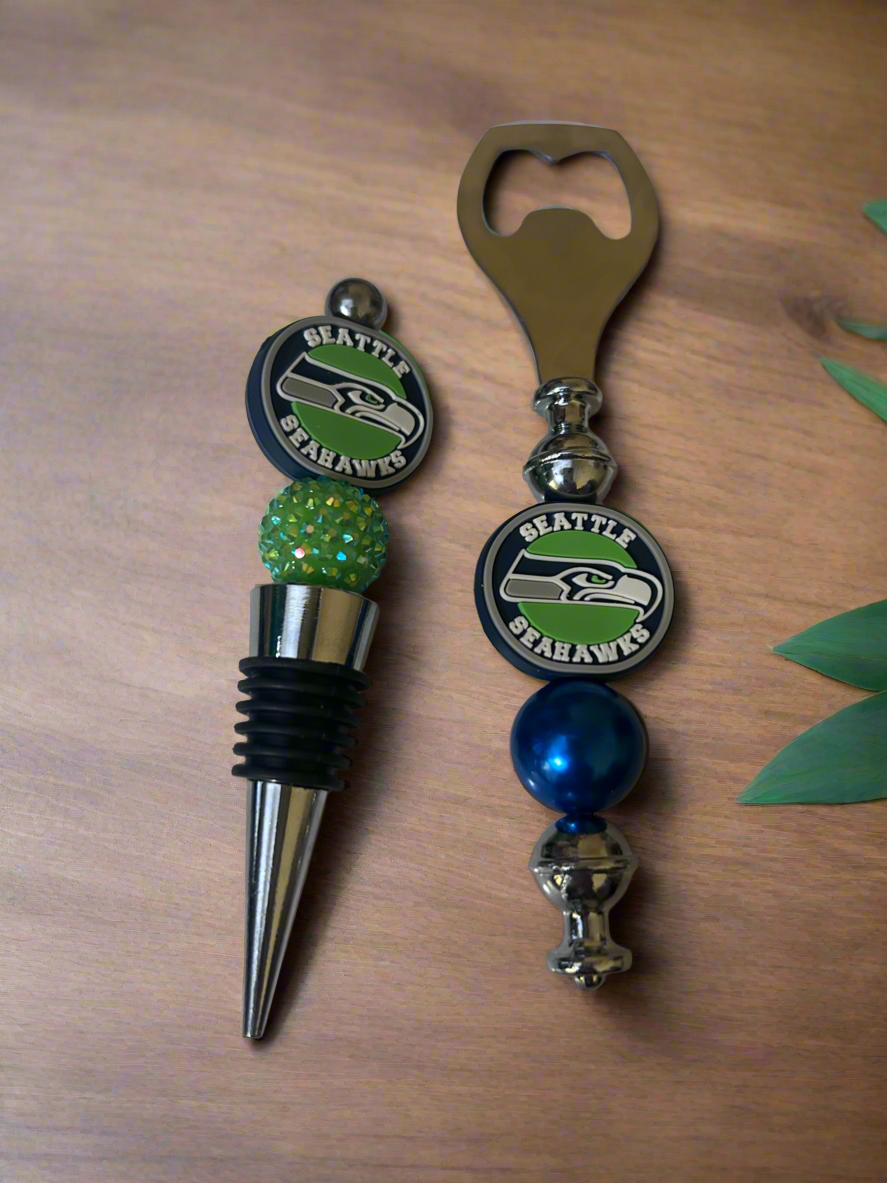 Seattle Seahawks NFL Custom Beaded Wine Stopper and Bottle Opener