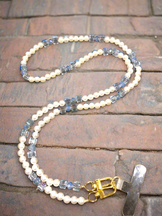 Custom Beaded Pearl and Light Blue Stone Crossbody Phone Strap