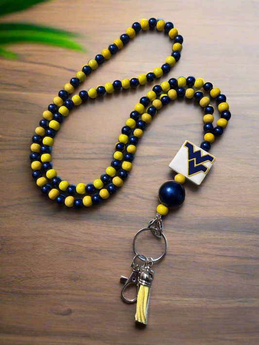 WV West Virginia University Mountaineers Hand Beaded Lanyard