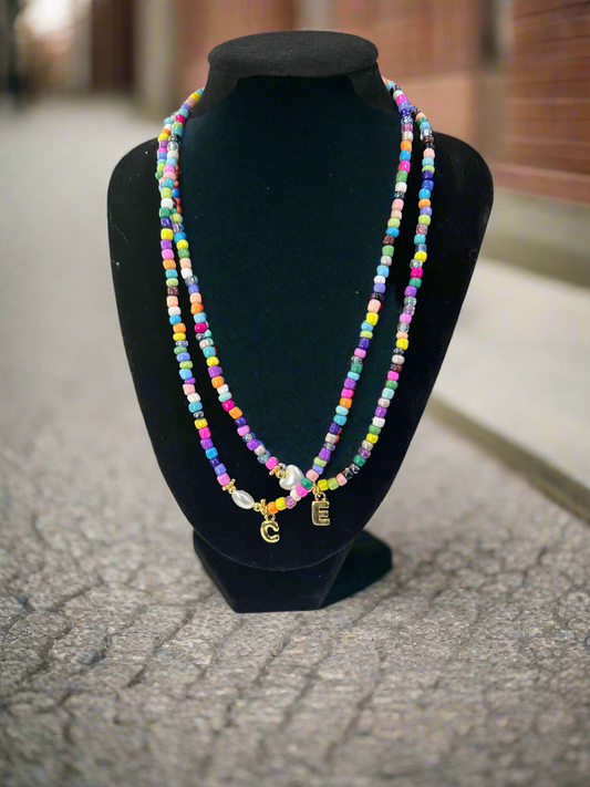 Multicolored Seed Beaded Bubble Letter Initial Necklace