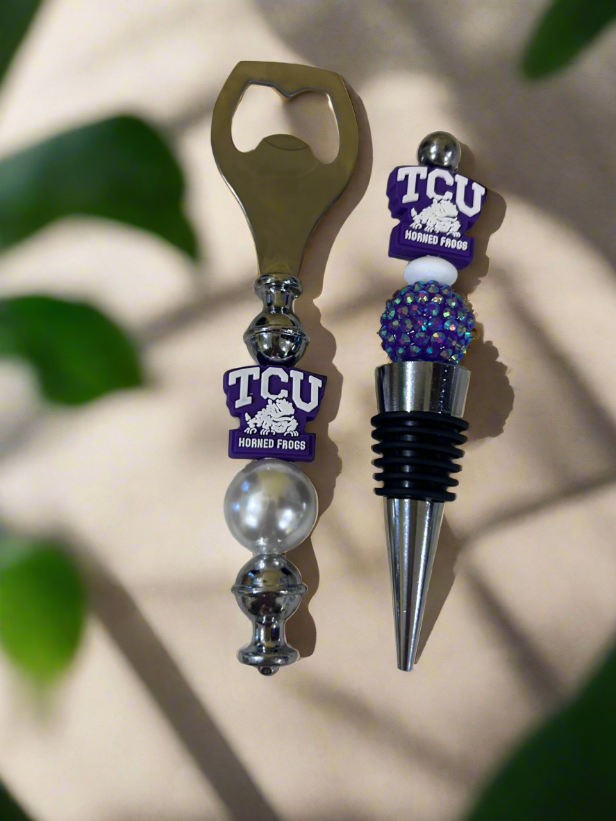 TCU Horned Frog Custom Beaded Wine Stopper and Bottle Opener