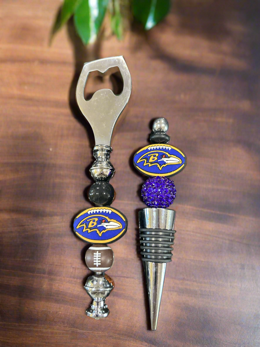 Baltimore Ravens Black and Purple Beaded Bottle Opener and Wine Stopper