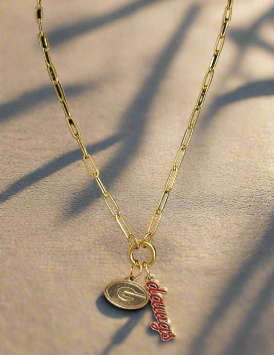UGA University of Georgia Bulldogs Enamel Logo Charm (Canvas Style) on 18K Gold PVD Stainless Steel Paperclip Carabiner Charm Holder 18” + 2” Extension Necklace