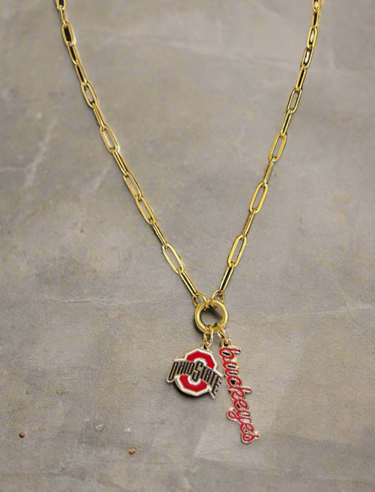 Ohio State Buckeyes Enamel Logo Charm (Canvas Style) on 18K Gold PVD Stainless Steel Paperclip Carabiner Charm Holder 18” + 2” Extension Necklace