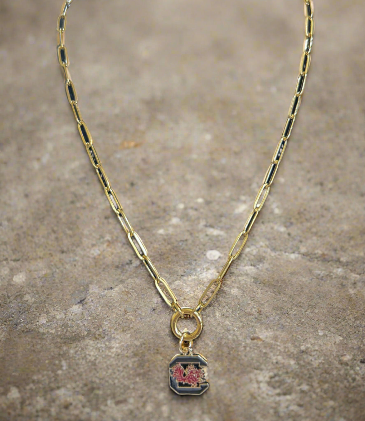 University of South Carolina Gamecocks Enamel Logo Charm (Canvas Style) on 18K Gold PVD Stainless Steel Paperclip Carabiner Charm Holder 18” + 2” Extension Necklace