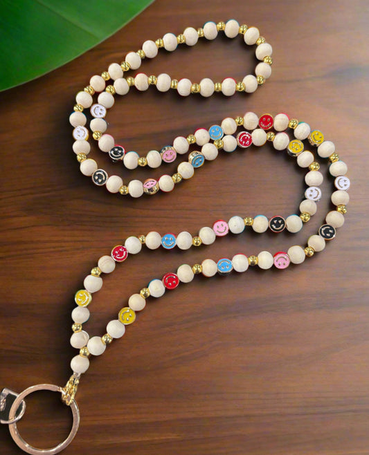 Smiley Face Custom Wood Beaded Lanyard