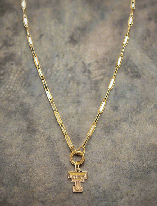 Texas Tech Red Raiders Enamel Logo Charm (Canvas Style) on 18K Gold PVD Stainless Steel Paperclip Carabiner Charm Holder 18” + 2” Extension Necklace