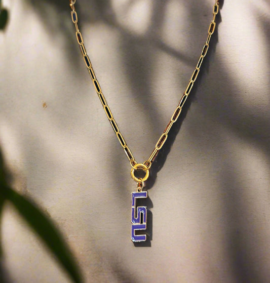 LSU Louisiana State University Tigers Enamel Logo Charm (Canvas Style) on 18K Gold PVD Stainless Steel Paperclip Carabiner Charm Holder 18” + 2” Extension Necklace