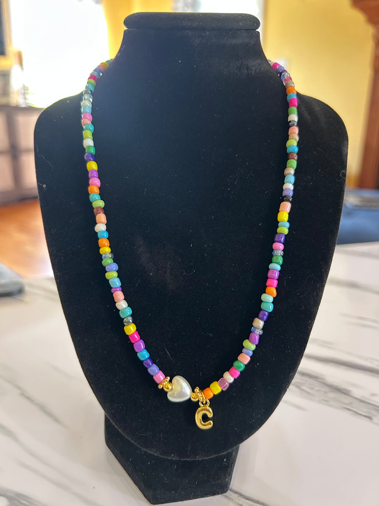 Multicolored Seed Beaded Bubble Letter Initial Necklace