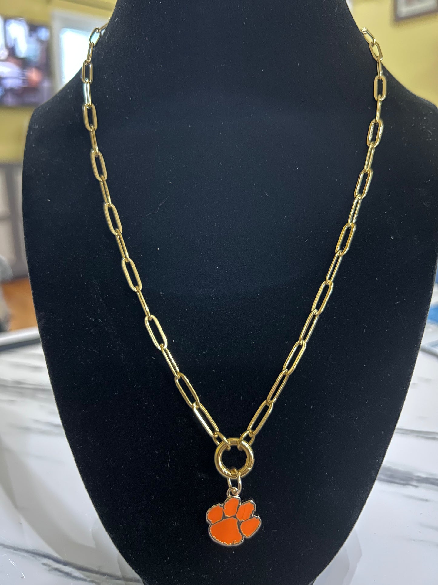 Clemson University Tigers Enamel Logo Charm (Canvas Style) on 18K Gold PVD Stainless Steel Paperclip Carabiner Charm Holder 18” + 2” Extension Necklace