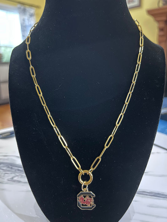 University of South Carolina Gamecocks Enamel Logo Charm (Canvas Style) on 18K Gold PVD Stainless Steel Paperclip Carabiner Charm Holder 18” + 2” Extension Necklace