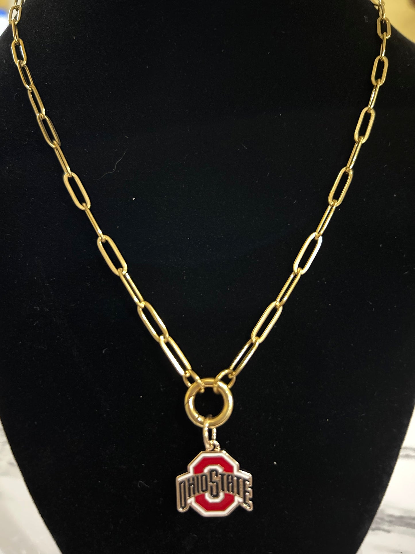 Ohio State Buckeyes Enamel Logo Charm (Canvas Style) on 18K Gold PVD Stainless Steel Paperclip Carabiner Charm Holder 18” + 2” Extension Necklace