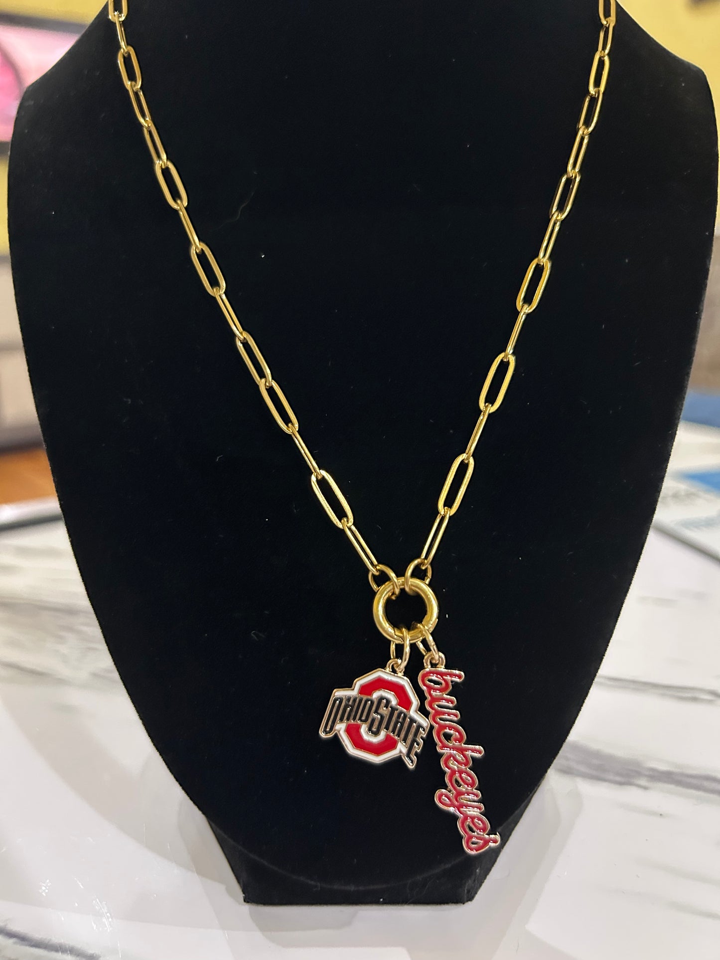 Ohio State Buckeyes Enamel Logo Charm (Canvas Style) on 18K Gold PVD Stainless Steel Paperclip Carabiner Charm Holder 18” + 2” Extension Necklace