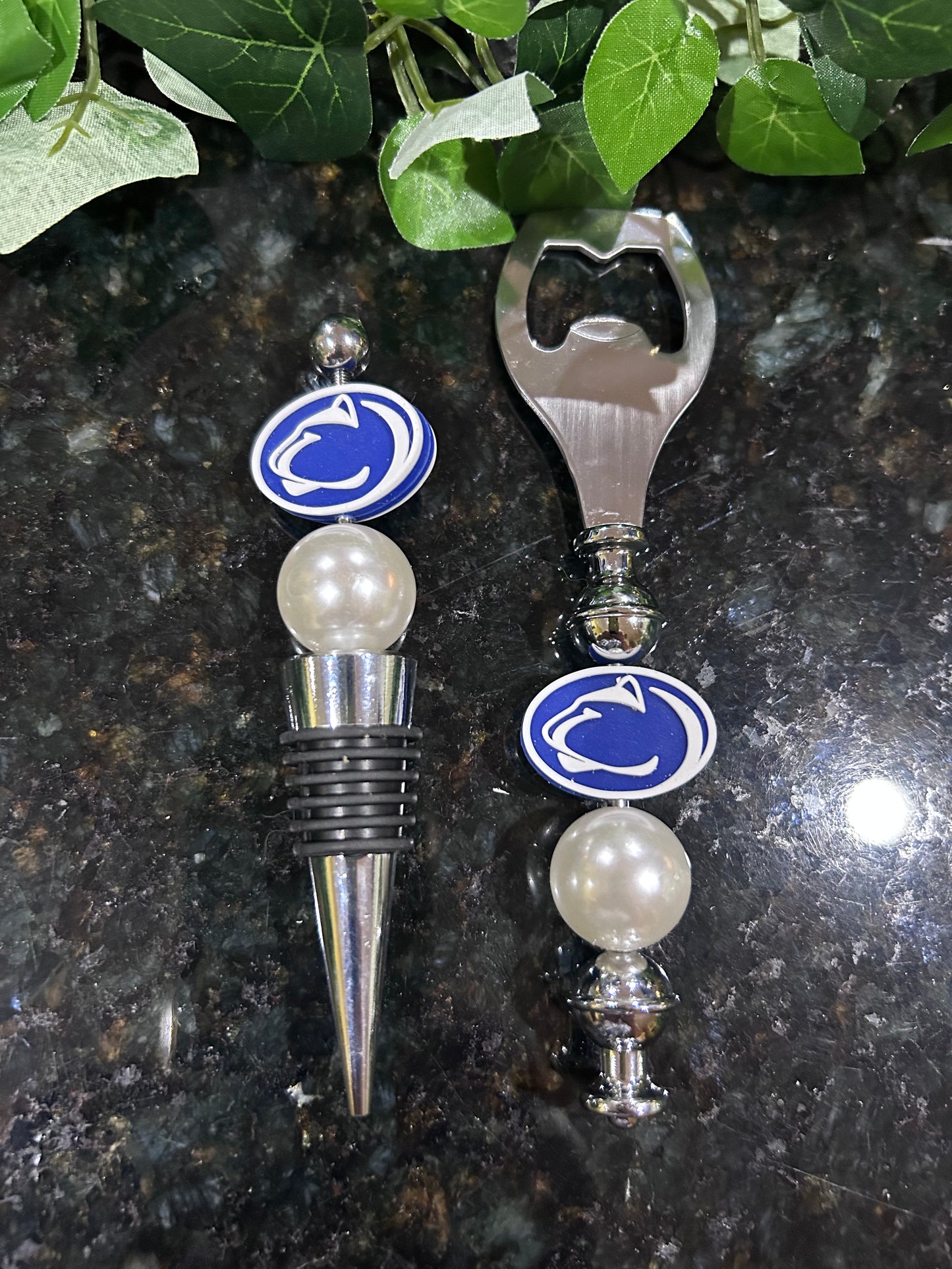 Penn State Lions Custom Beaded Wine Stopper and Bottle Opener