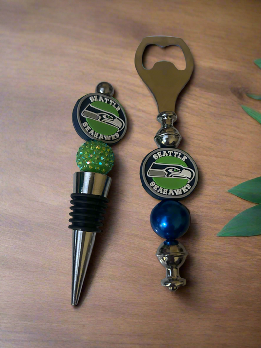 Seattle Seahawks NFL Custom Beaded Wine Stopper and Bottle Opener
