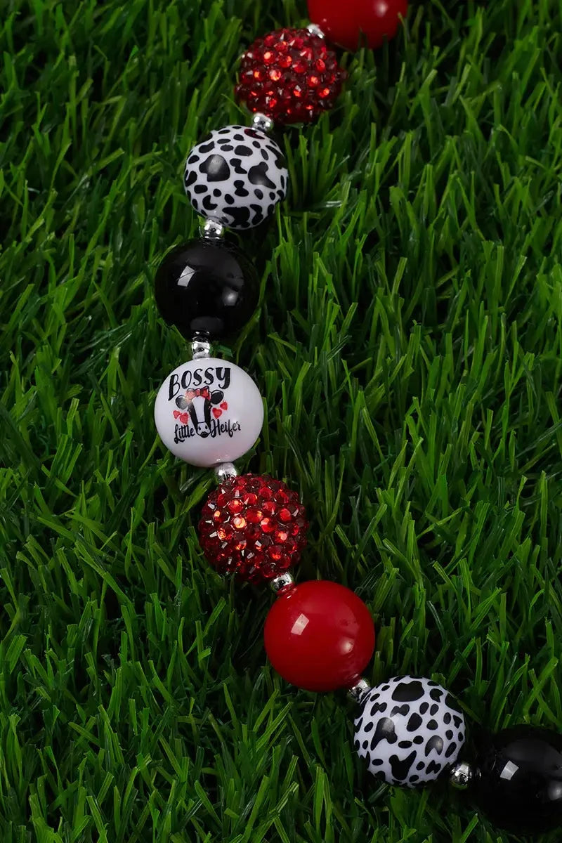 KIDS RED TONE & COW SPOT BUBBLE GUM BEAD NECKLACE