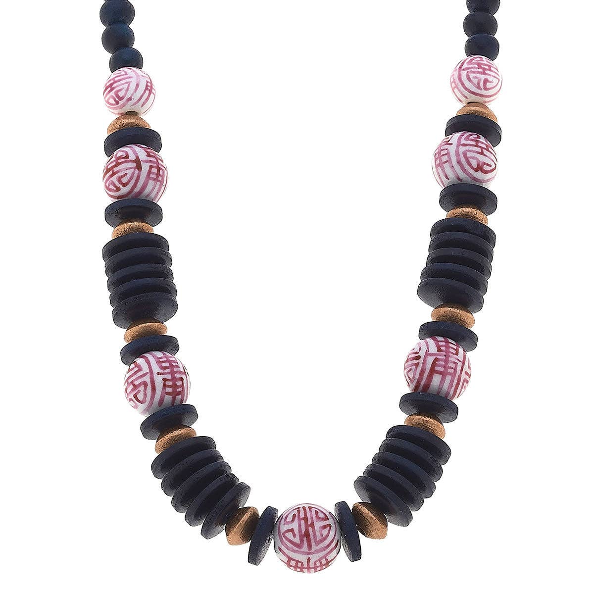 Winslow Pink & White Chinoiserie & Wood Necklace in Navy