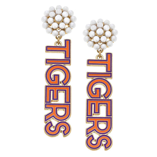 Clemson Tigers Pearl Cluster Outline Enamel Drop Earrings