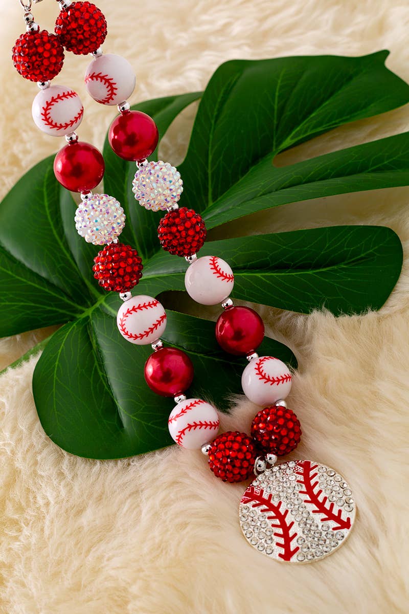KIDS RED & WHITE BASEBALL NECKLACE & BRACELET W/ SPARKLY BEADS
