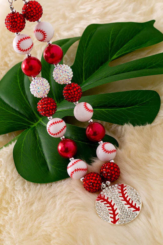 KIDS RED & WHITE BASEBALL NECKLACE & BRACELET W/ SPARKLY BEADS