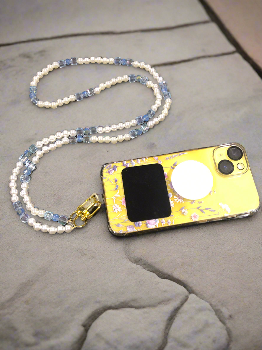Custom Beaded Pearl and Light Blue Stone Crossbody Phone Strap