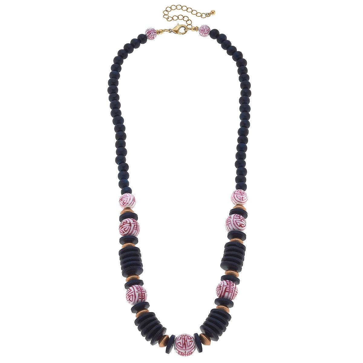 Winslow Pink & White Chinoiserie & Wood Necklace in Navy