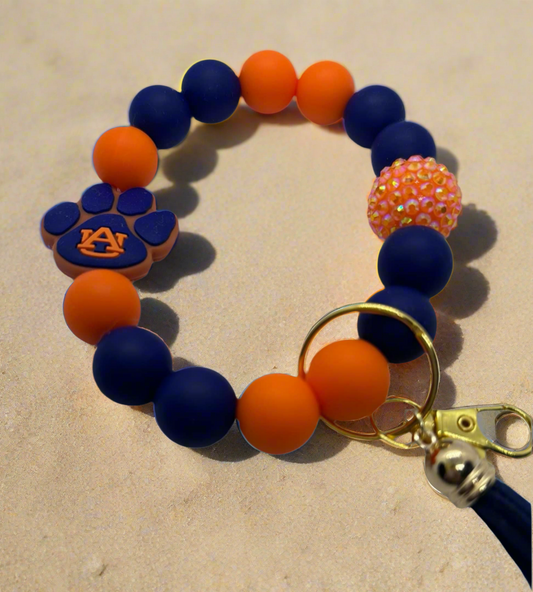 Auburn University themed beaded wristlet keychain with tassel