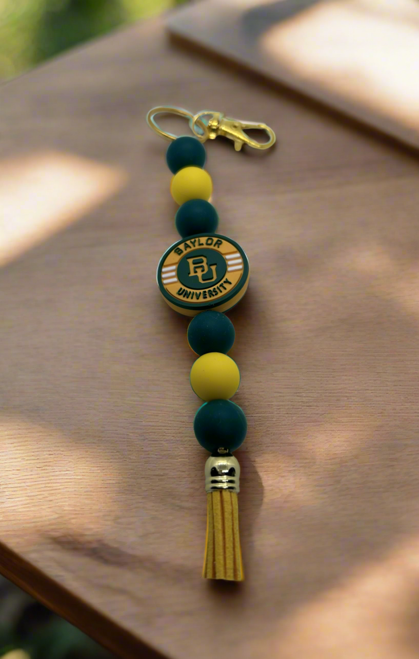 Baylor University inspired beaded keychain with gold clip and tassel