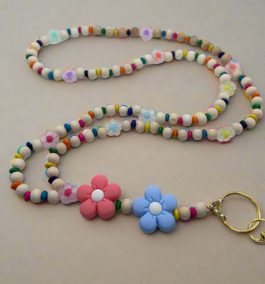 Colorful flower themed lanyard with clip for ID badge or keys