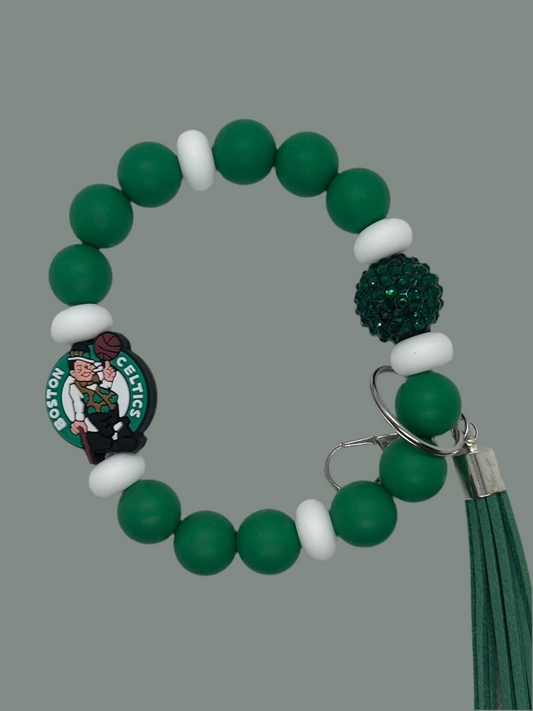 Green and white Boston Celtics inspired beaded wristlet keychain