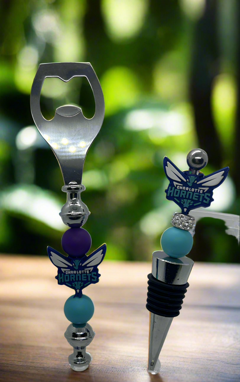 Charlotte Hornets inspired beaded bottle opener and wine stopper