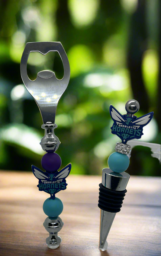 Charlotte Hornets inspired beaded bottle opener and wine stopper