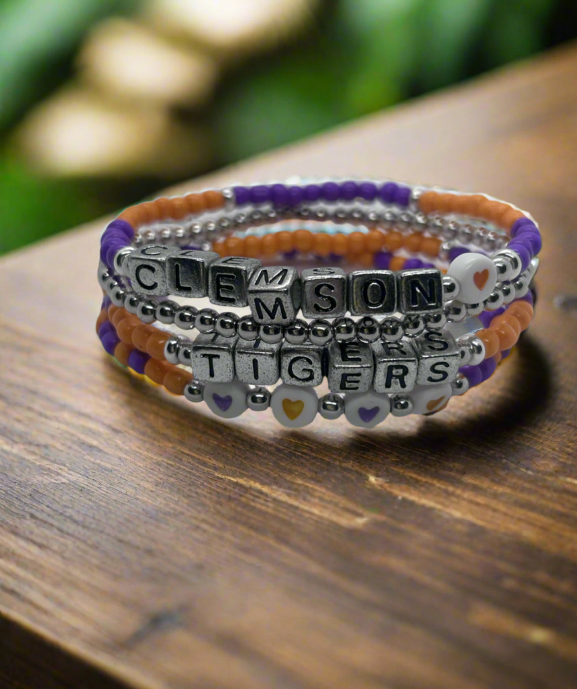 Clemson Tigers purple and orange friendship bracelet stack