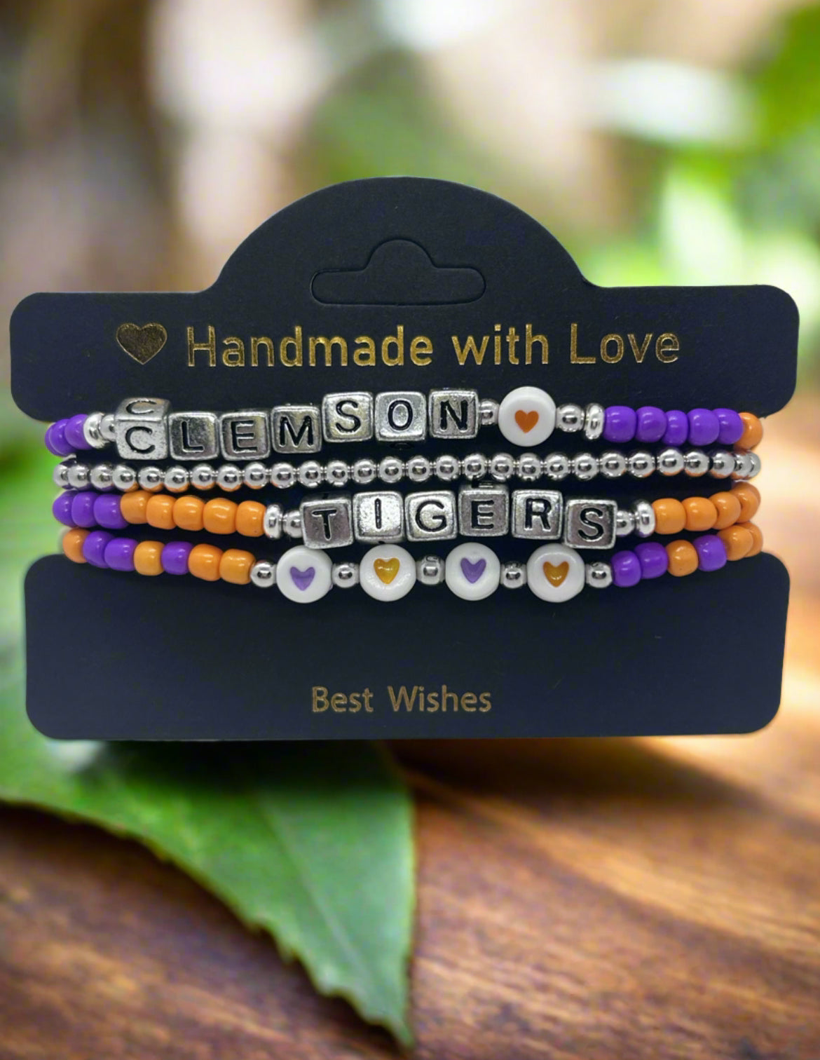 Clemson Tigers purple and orange friendship bracelet stack