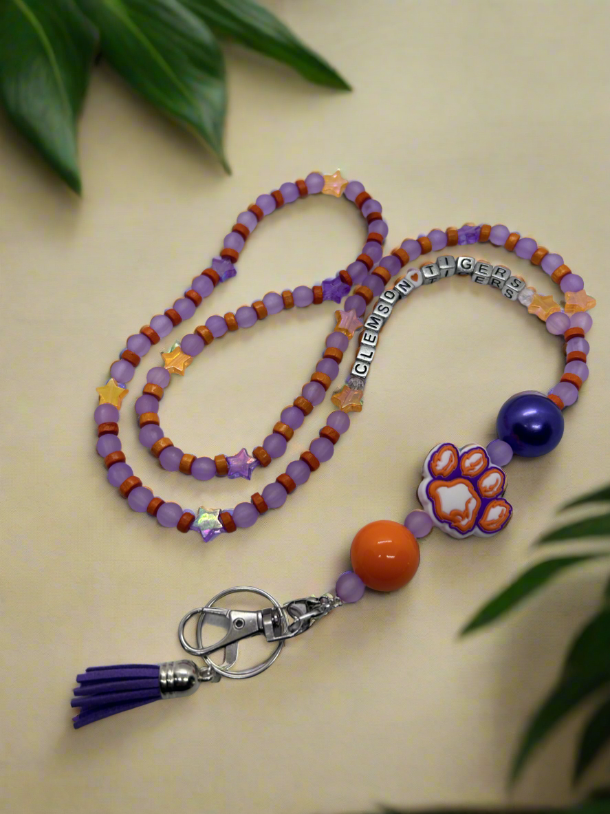 Clemson University inspired purple and orange beaded lanyard