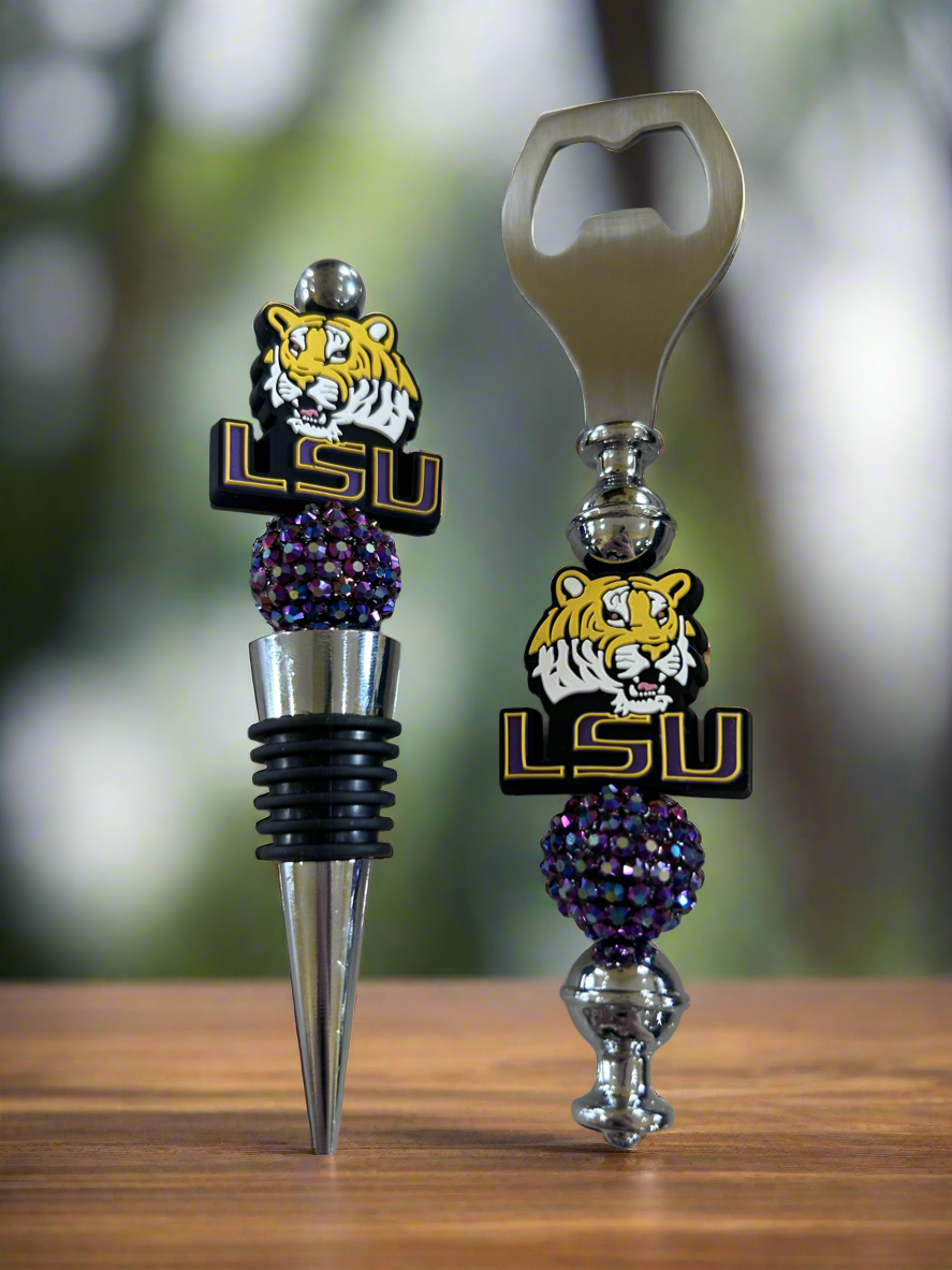 LSU Louisiana State University Custom Beaded Bottle Opener and Wine Stopper