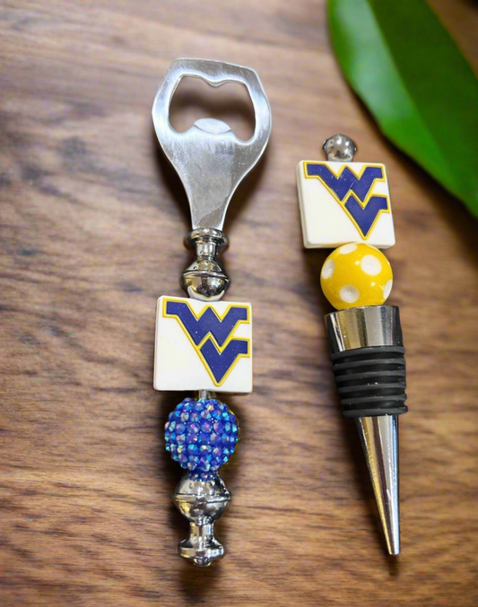 West Virginia Mountaineers Custom Beaded Wine Stopper and Bottle Opener