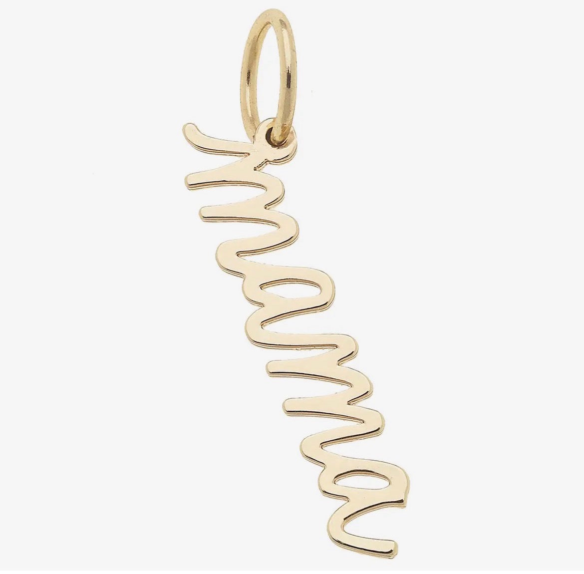 “Mama” Cursive Script Charm in Shiny Gold