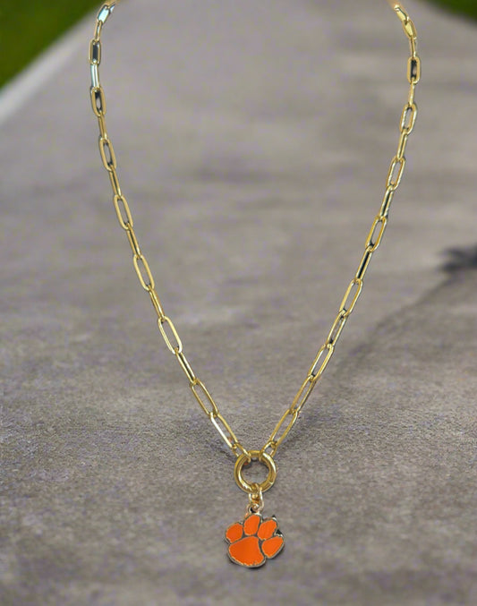 Clemson University Tigers Enamel Logo Charm (Canvas Style) on 18K Gold PVD Stainless Steel Paperclip Carabiner Charm Holder 18” + 2” Extension Necklace