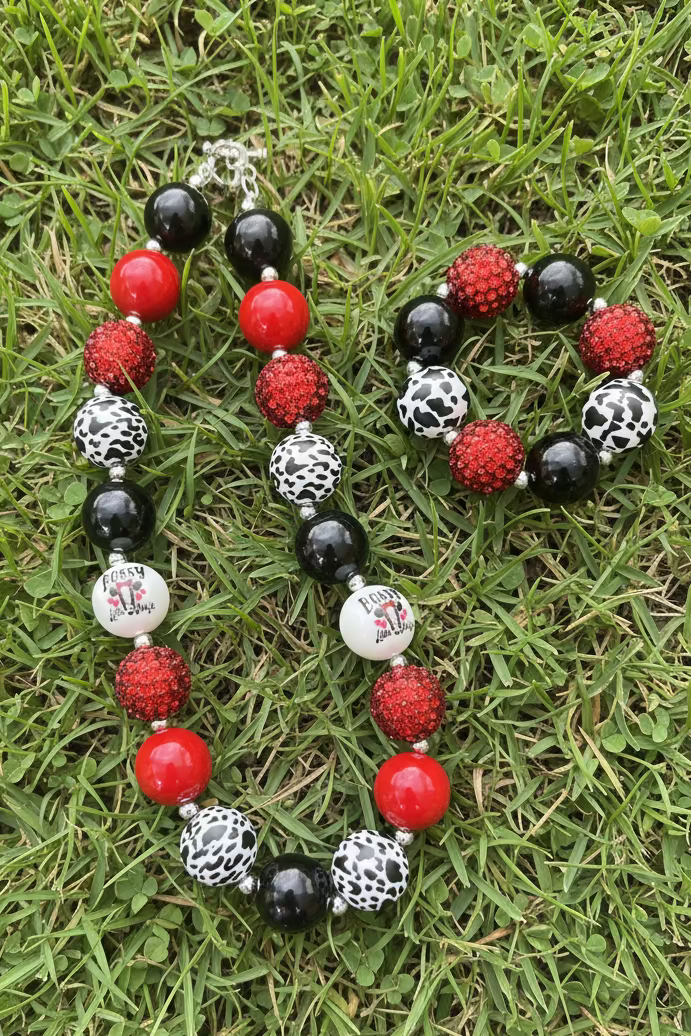 KIDS RED TONE & COW SPOT BUBBLE GUM BEAD NECKLACE