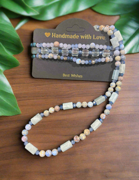 Custom Glass and Wood Beaded Necklace with matching Bracelet