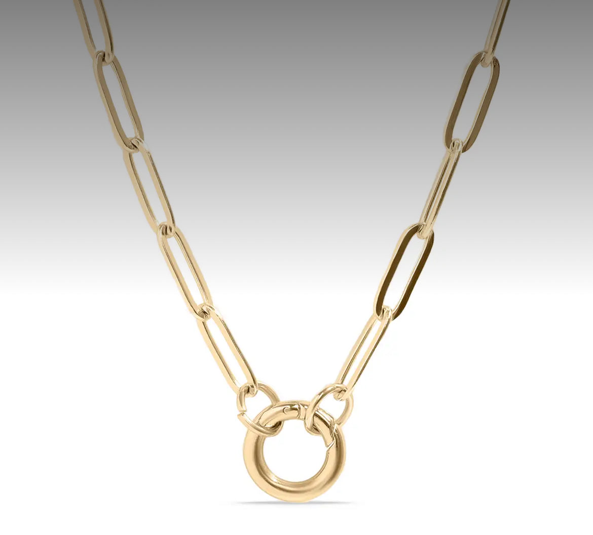 Ohio State Buckeyes Enamel Logo Charm (Canvas Style) on 18K Gold PVD Stainless Steel Paperclip Carabiner Charm Holder 18” + 2” Extension Necklace