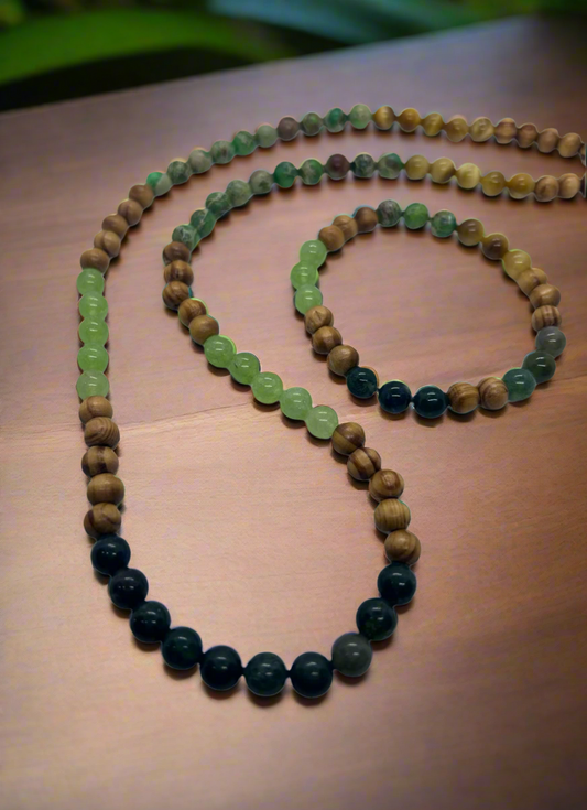 Beaded necklace with green glass beads and brown wooden beads