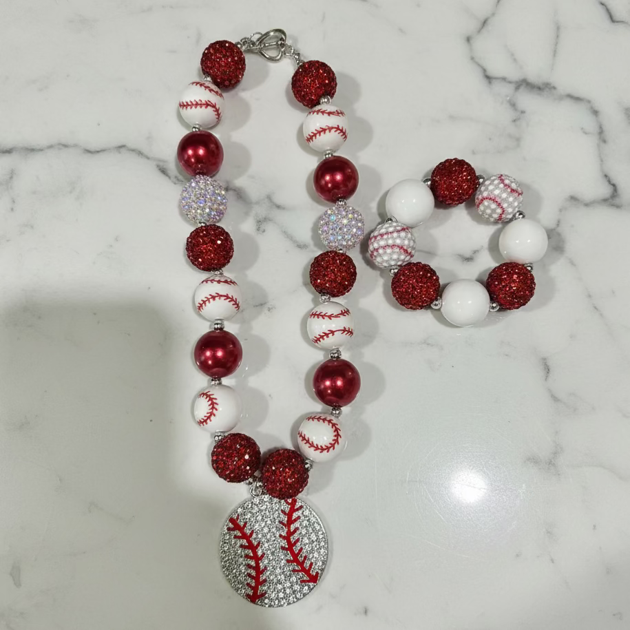 KIDS RED & WHITE BASEBALL NECKLACE & BRACELET W/ SPARKLY BEADS