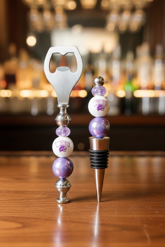 WCU Western Carolina University Catamounts Silicone Beaded Wine Stopper and Bottle Opener Set