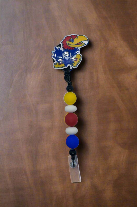 Kansas University inspired silicone beaded badge reel