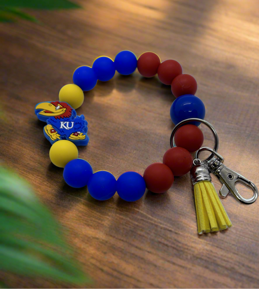 Kansas University Jayhawks inspired silicone beaded wristlet keychain