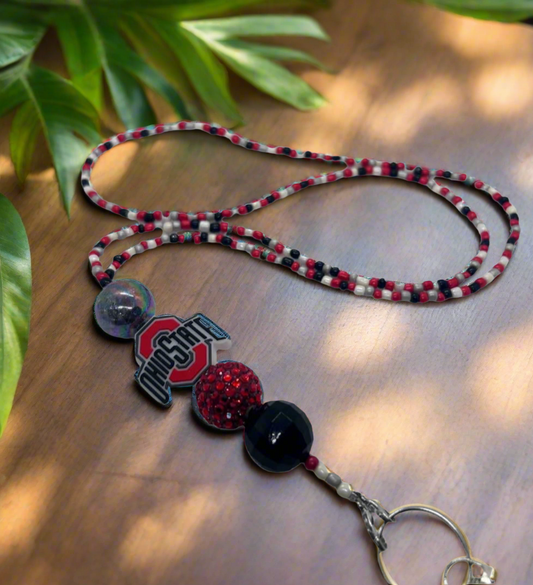 Ohio State Buckeyes inspired red, black, and white beaded lanyard necklace