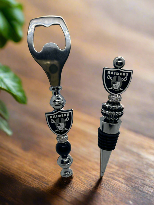 Las Vegas Raiders inspired beaded wine stopper and bottle opener