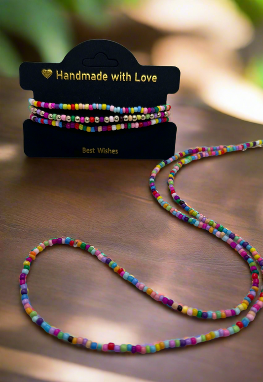 Multi colored seed bead bracelet stack and matching lanyard necklace